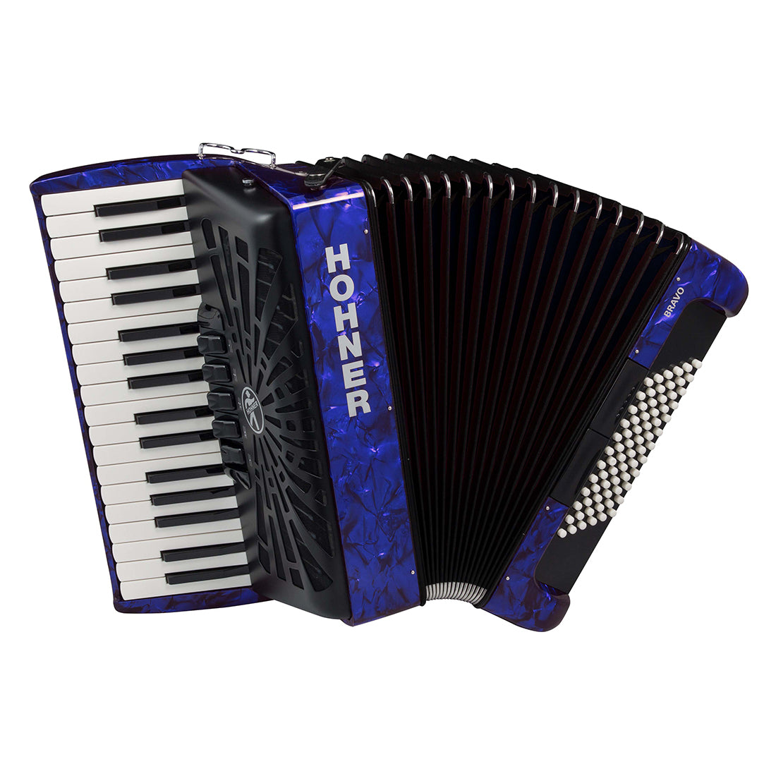 Hohner Bravo III 72 Bass Piano Accordion in Blue Pearl