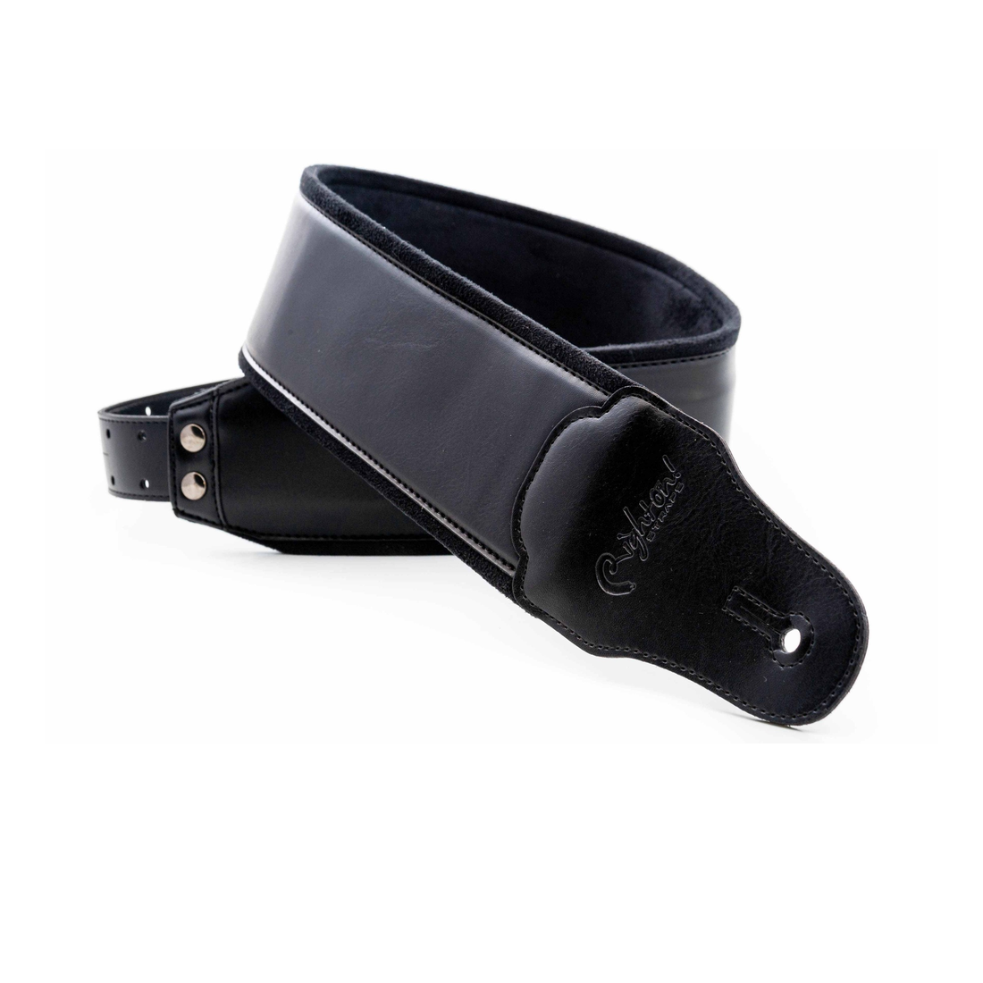 A black vegan leather guitar strap with padding and adjustable buckle.