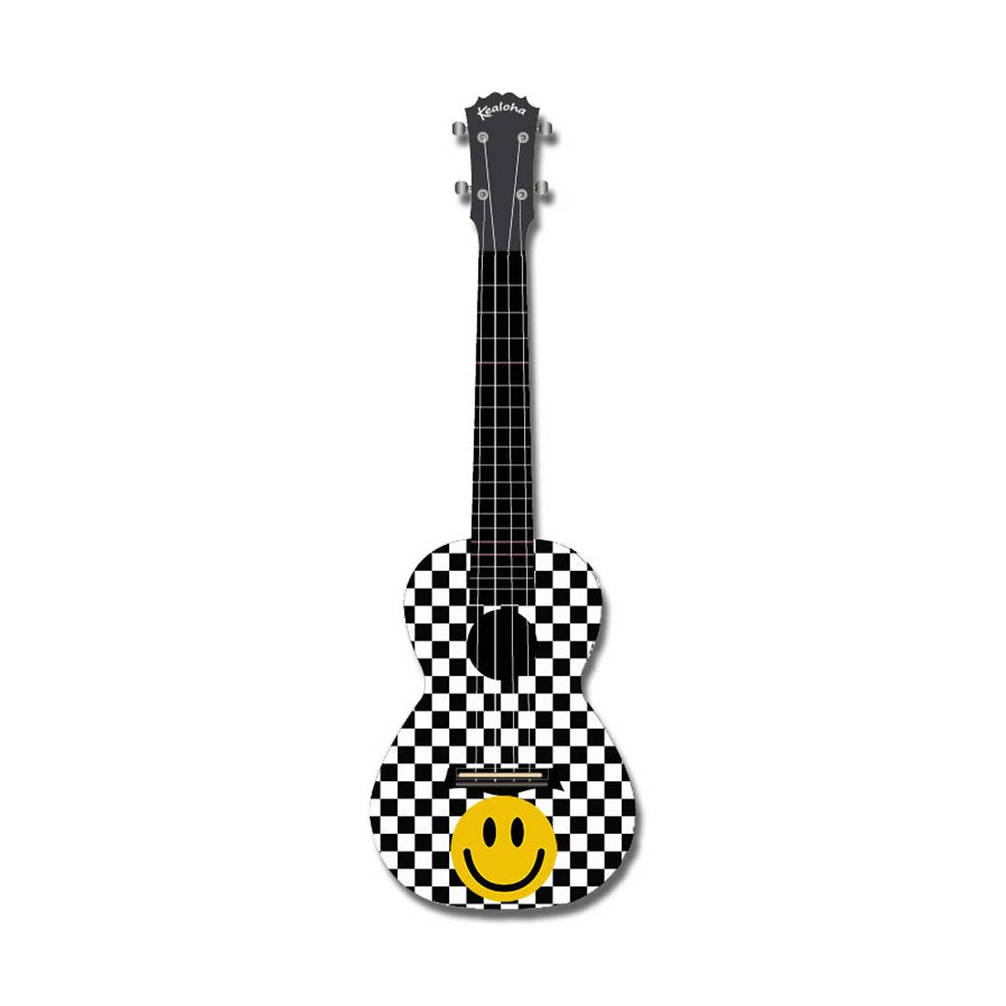 Ukulele da concerto Kealoha con design a scacchiera e faccina sorridente e corpo in resina ABS nera 