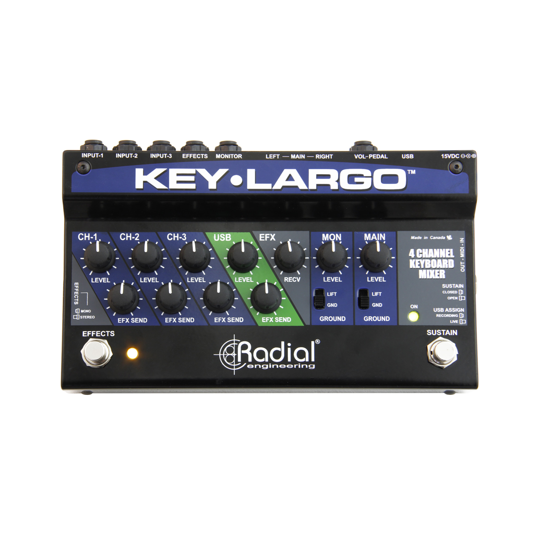 KEY-LARGO. Keyboard mixer, 3 stereo inputs, effects bus, USB, balanced DI outs