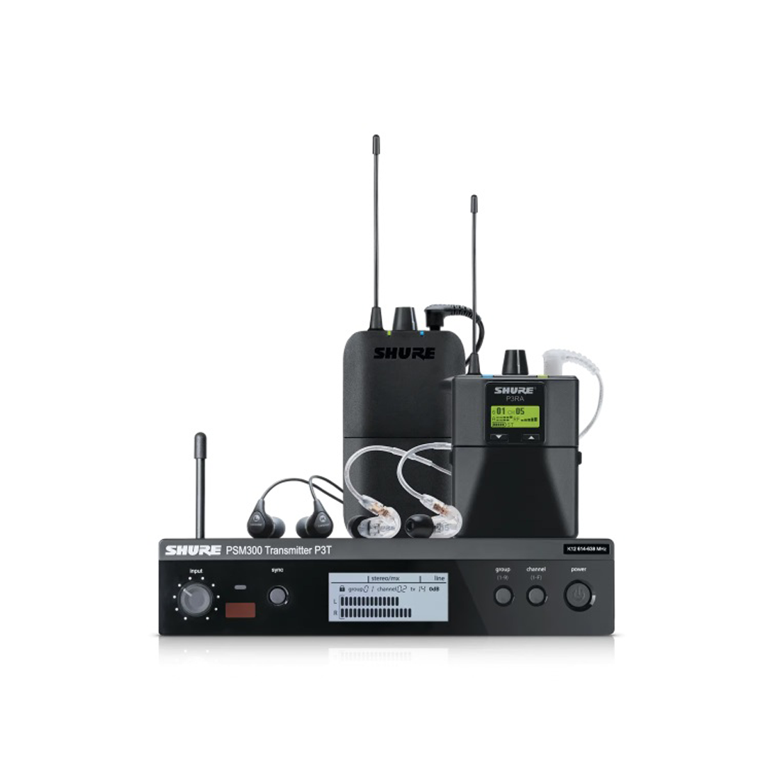 Sistema di monitoraggio personale stereo wireless Shure PSM300 con auricolari SE215CL nella banda di frequenza L19 (630-654 MHz)