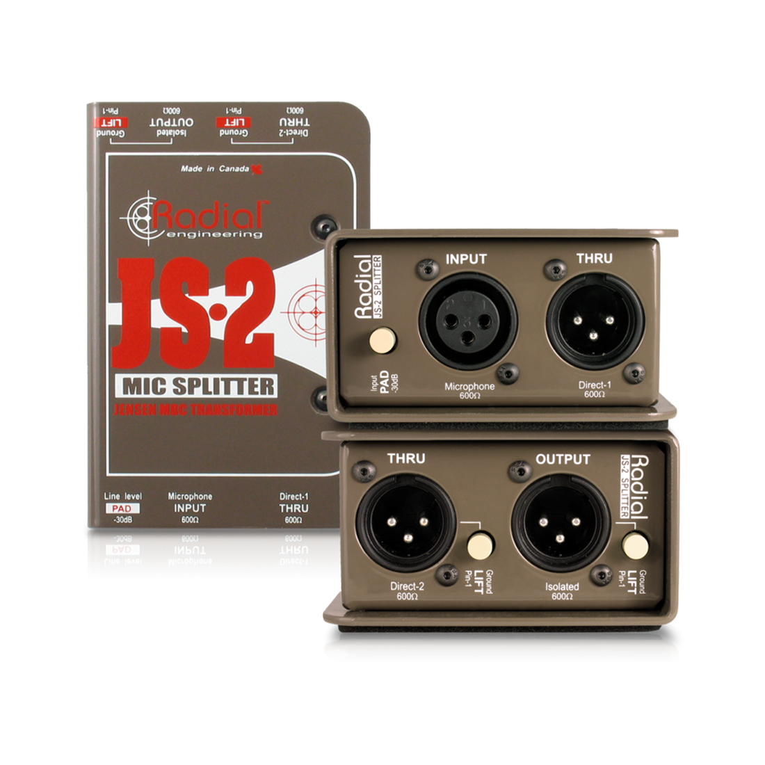 Radial JS2 - Mic splitter, passive with 1-input, 2-direct outs & 1 Jensen isolated output