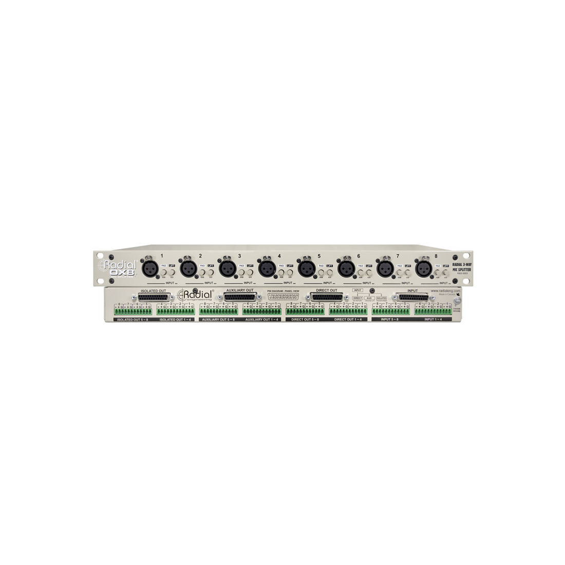 Radial OX8-R - 8 channel mic splitter with Eclipse isolation transformers, D-subs & XLRs