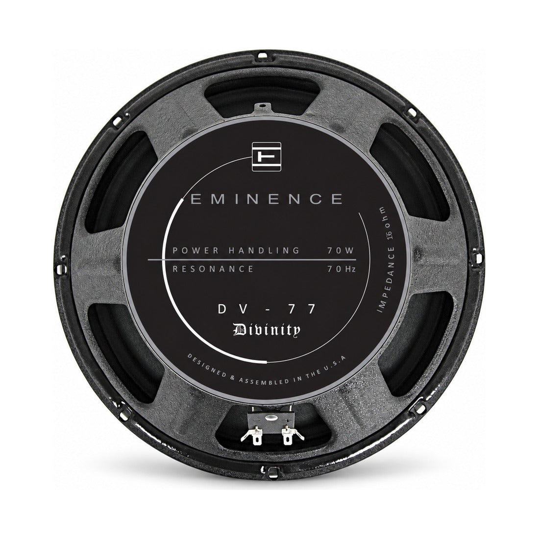 Eminence DV-77 12in Mick Thomson guitar speaker, rear view with label