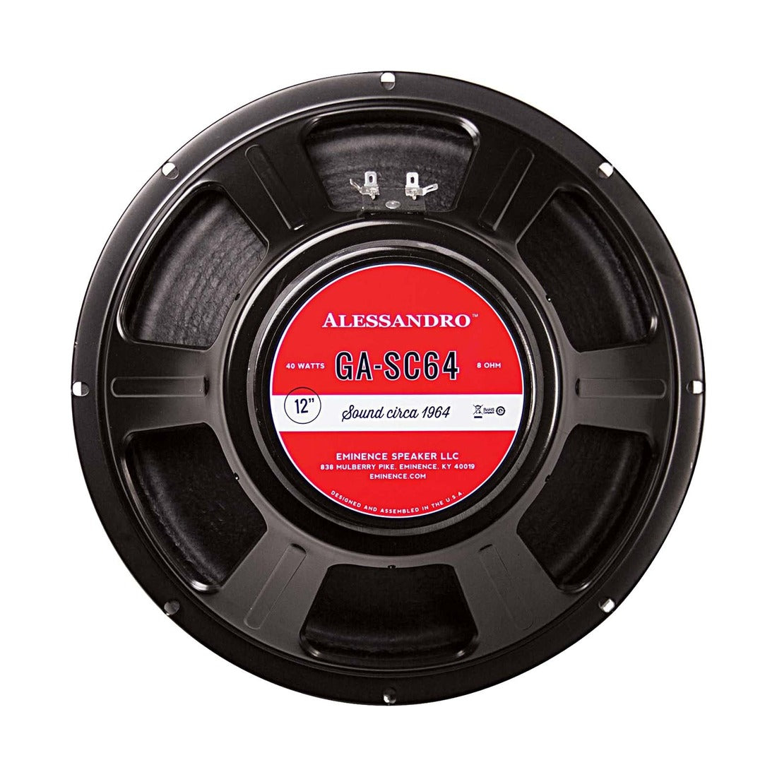 Eminence GA-SC64 12in Signature guitar speaker, rear view with Alessandro label