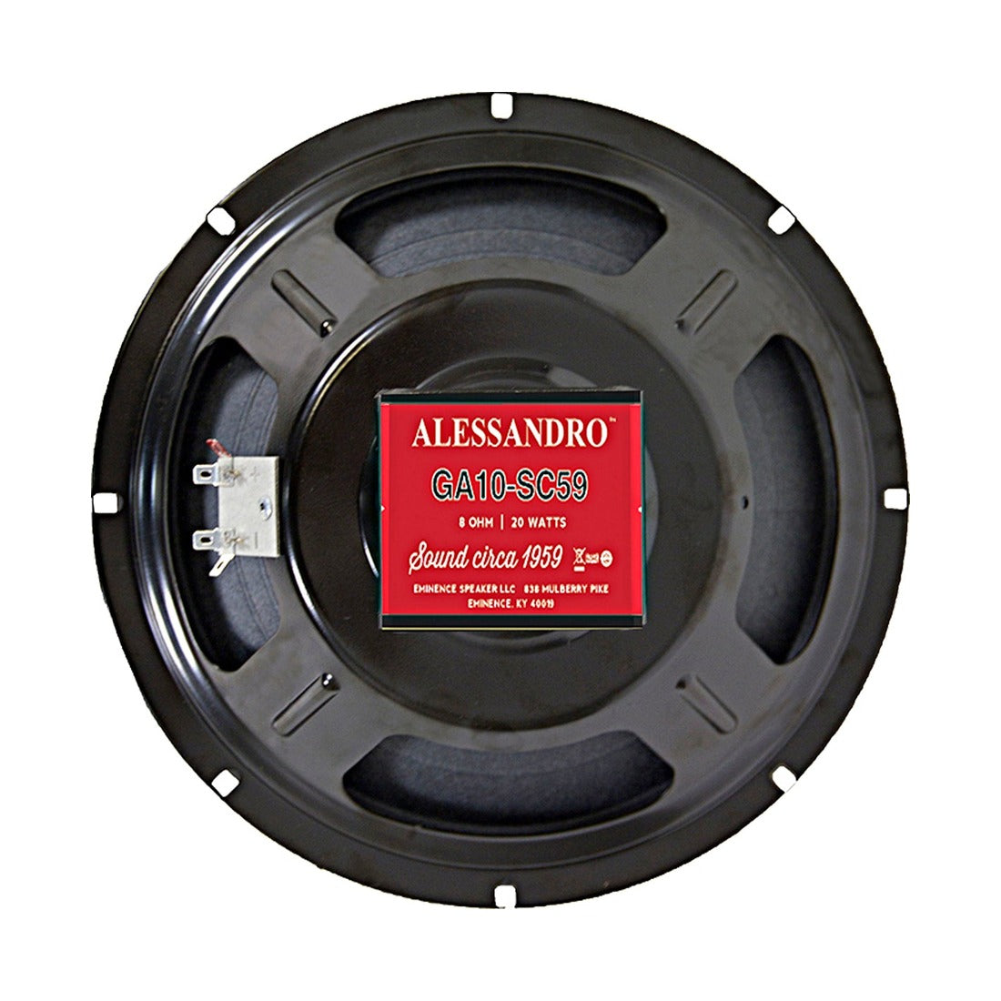 Eminence GA10-SC59 10in Signature guitar speaker, rear view with Alessandro label