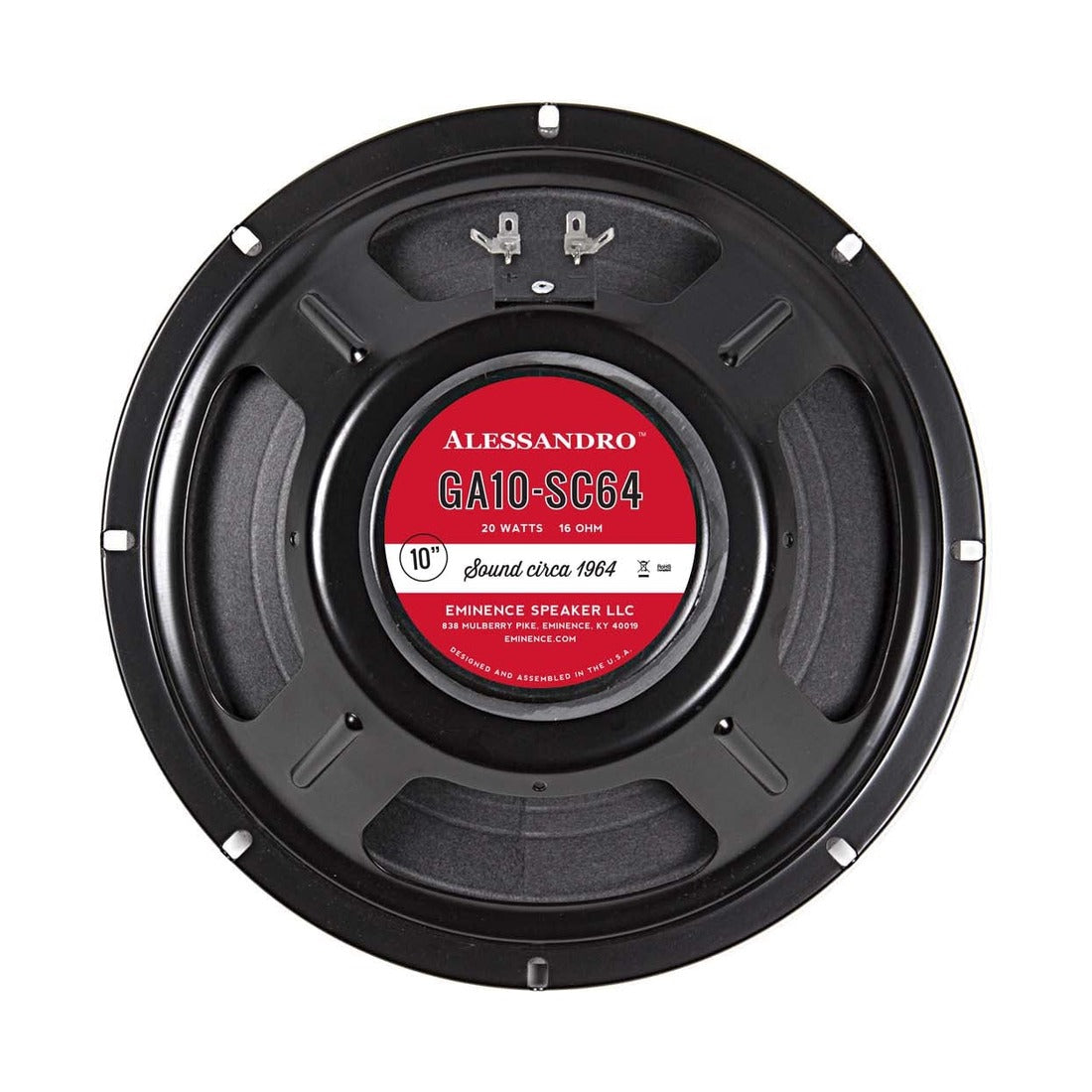 Eminence GA10-SC64 10in Signature guitar speaker, rear view with Alessandro label