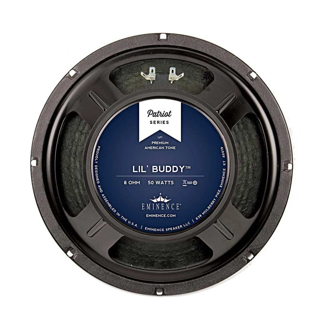 Eminence Lil Buddy 10in hemp guitar speaker, rear view with Patriot label