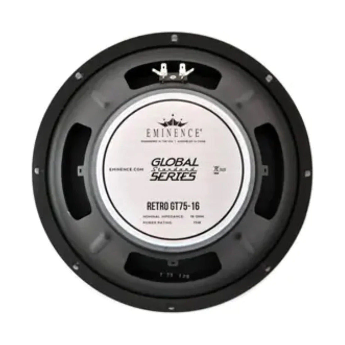 Eminence Retro GT75-16 12in 16 ohm guitar speaker, rear view with label