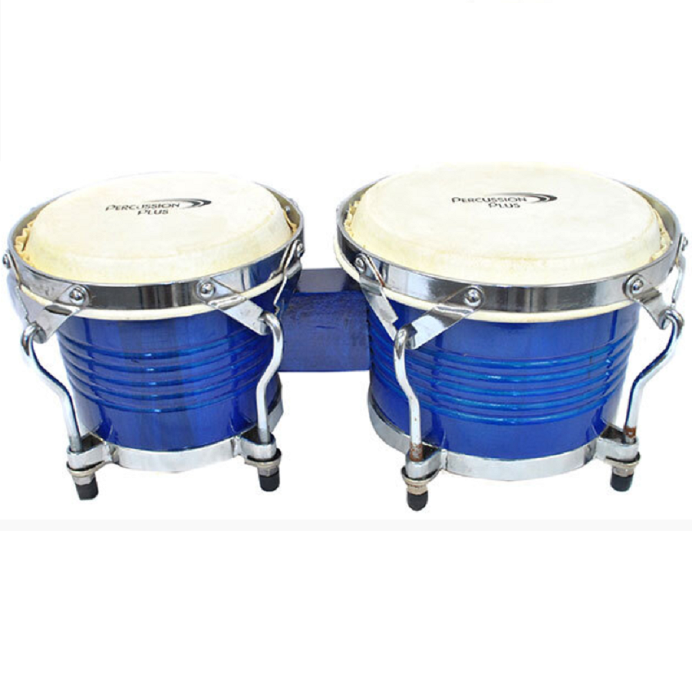 Percussion Plus Deluxe 6 and 7 Inch Wooden Bongos in Gloss Blue Lacquer Finish