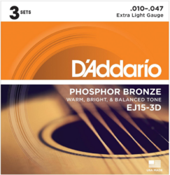 DAddario EJ15-3D Phosphor Bronze Acoustic Guitar Strings Extra Light 3 Sets